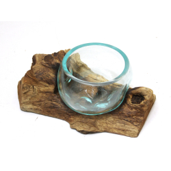 Świecznik szklany w drewnie Hand Made